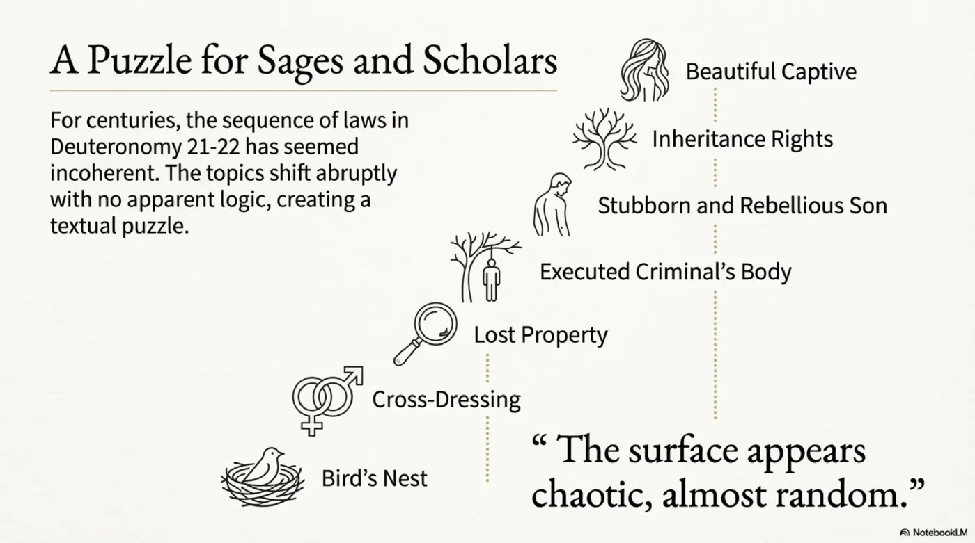 Slide 2: A Puzzle for Sages and Scholars - the seemingly random sequence of laws in Deuteronomy 21-22