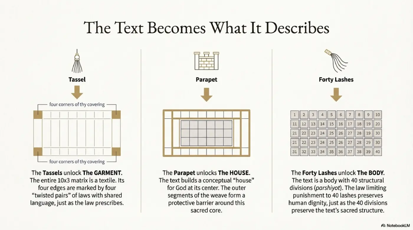 Slide 9: The Text Becomes What It Describes - garment, house, and body metaphors in the structure
