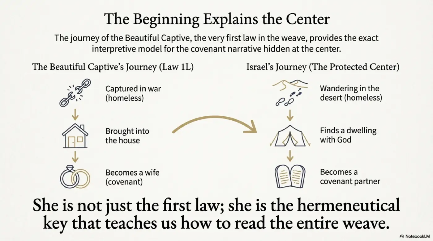 Slide 12: The Beginning Explains the Center - the beautiful captive as hermeneutical key